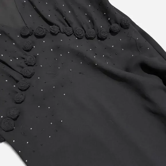 NWT VTG Y2K Karen Kane Black Silk Rosette Beaded Plunge Dark Fairy Maxi Dress L - Picture 7 of 8